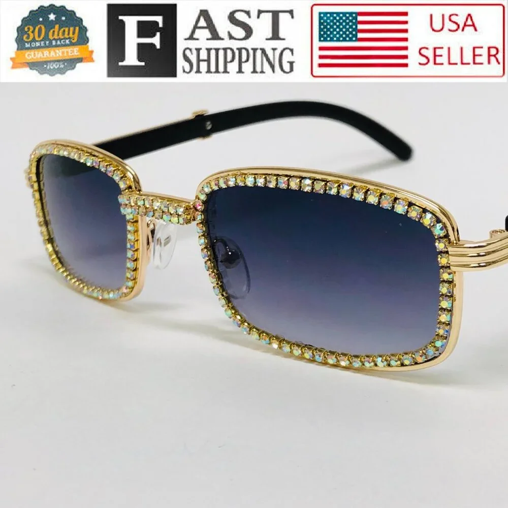 Men Sunglasses Black Lens Rectangular Diamond Gang Style Quevo Migos Model Lente